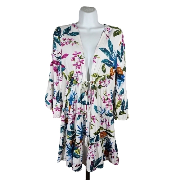 BLUE ISLAND BEACH FLORAL PLUNGING NECKLINE MINI DRESS - Picture 1 of 9